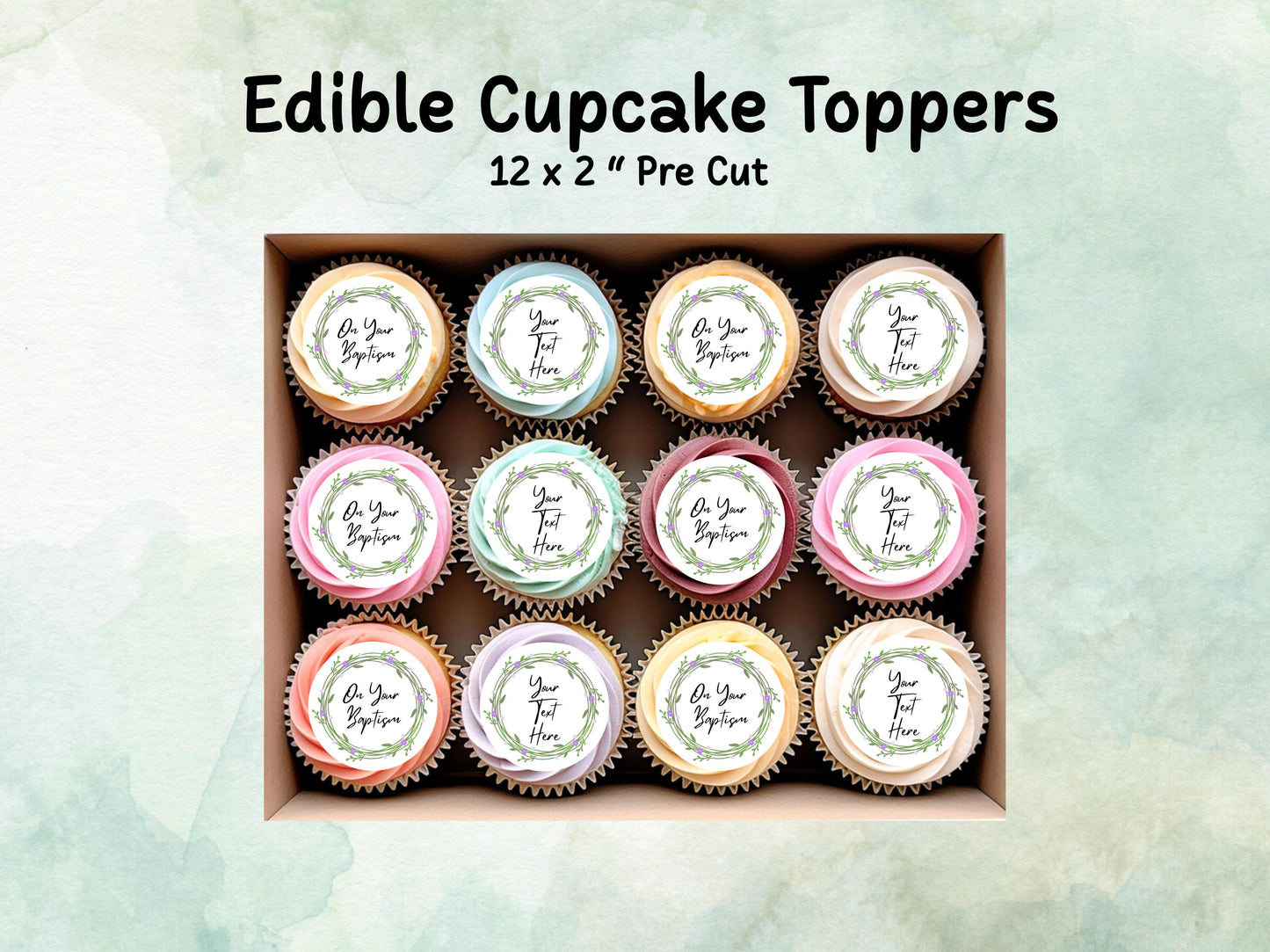 Personalised Edible Cupcake Toppers 12 x 2" – Pre cut Wafer Paper, Card or Icing Sheet, Christening Cake Topper, Baptism Cake Topper