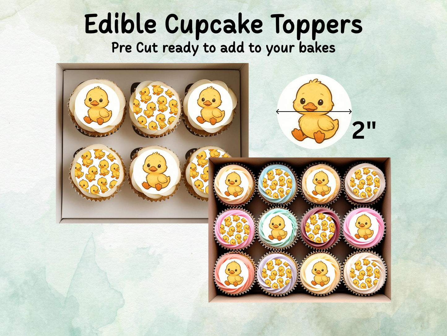 Cute Duckling Edible Cupcake Toppers 12 x 2"– Pre cut Wafer Paper, Card or Icing Sheet, Duck Birthday Cake Topper, Kids Birthday Cake
