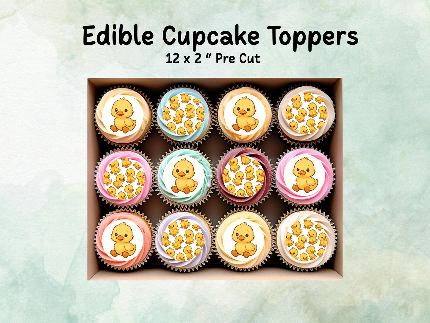 Cute Duckling Edible Cupcake Toppers 12 x 2"– Pre cut Wafer Paper, Card or Icing Sheet, Duck Birthday Cake Topper, Kids Birthday Cake
