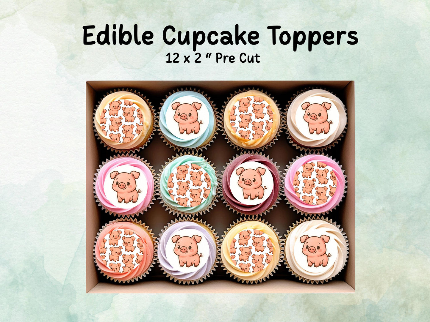 Cute Pig Edible Cupcake Toppers 12 x 2"– Pre cut Wafer Paper, Card or Icing Sheet, Pig Birthday Cake Topper, Farm Birthday Cake