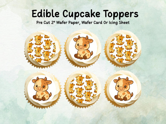 Cute Cow Edible Cupcake Toppers 12 x 2"– Pre cut Wafer Paper, Card or Icing Sheet, Cow Birthday Cake Topper, Kids Birthday Cake
