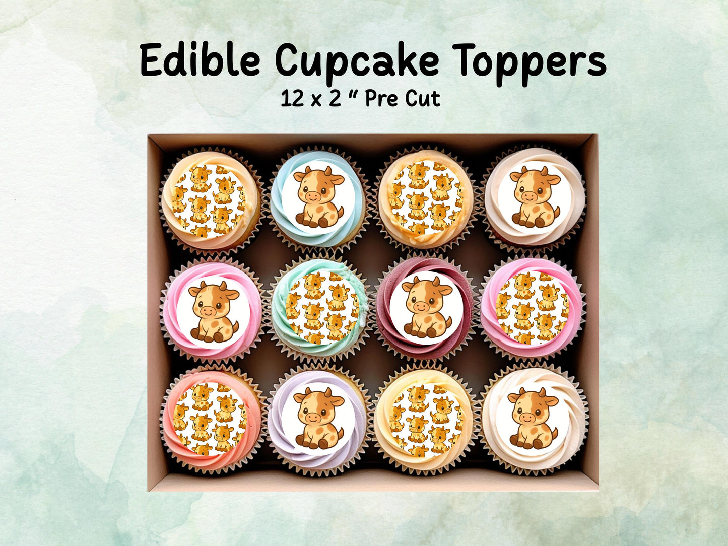 Cute Cow Edible Cupcake Toppers 12 x 2"– Pre cut Wafer Paper, Card or Icing Sheet, Cow Birthday Cake Topper, Kids Birthday Cake