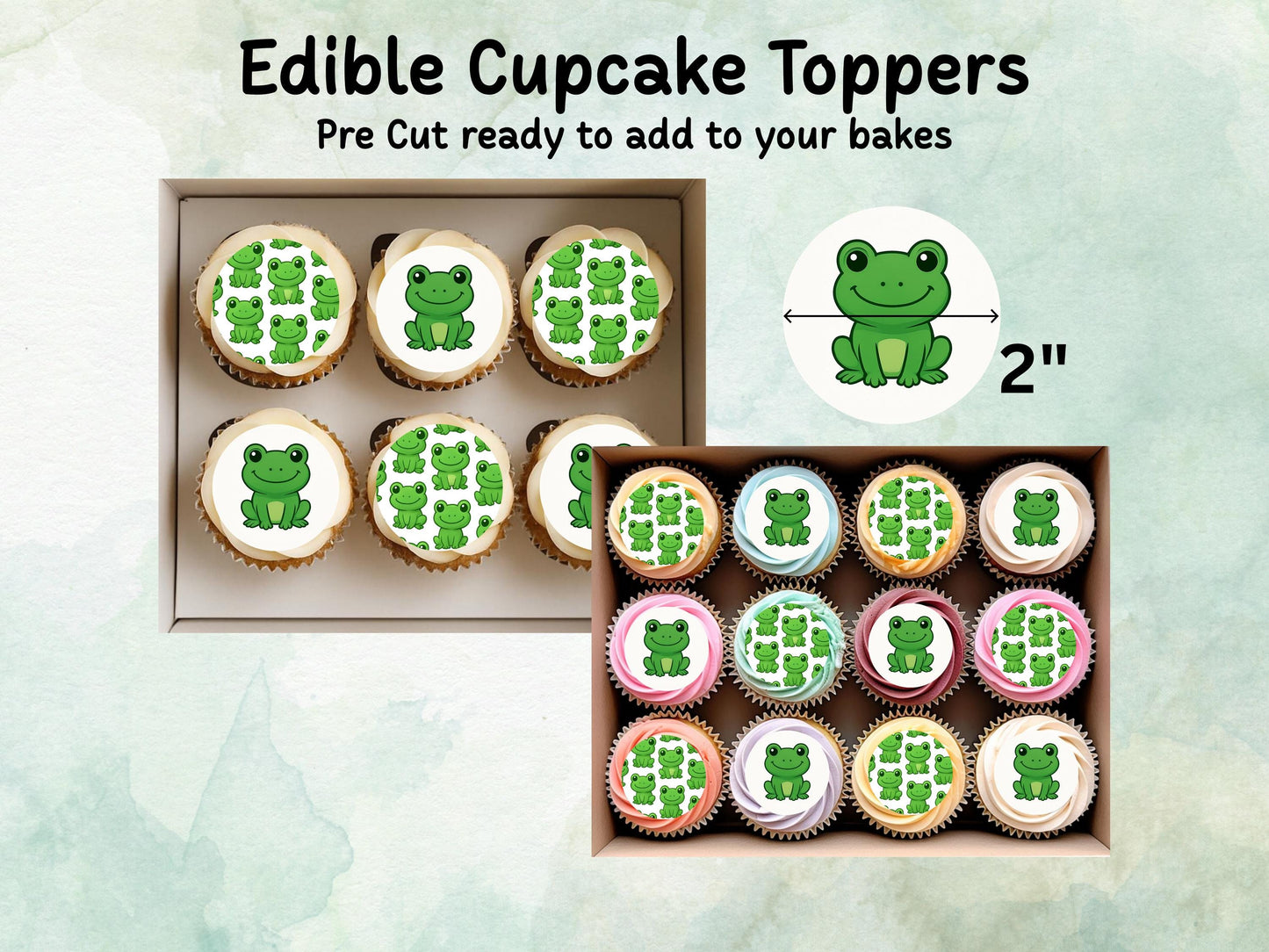 Cute Frog Edible Cupcake Toppers 12 x 2"– Pre cut Wafer Paper, Card or Icing Sheet, Frog Birthday Cake Topper, Kids Birthday Cake