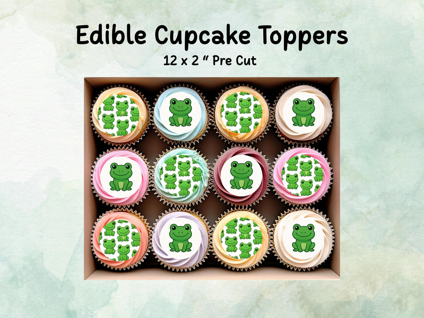 Cute Frog Edible Cupcake Toppers 12 x 2"– Pre cut Wafer Paper, Card or Icing Sheet, Frog Birthday Cake Topper, Kids Birthday Cake