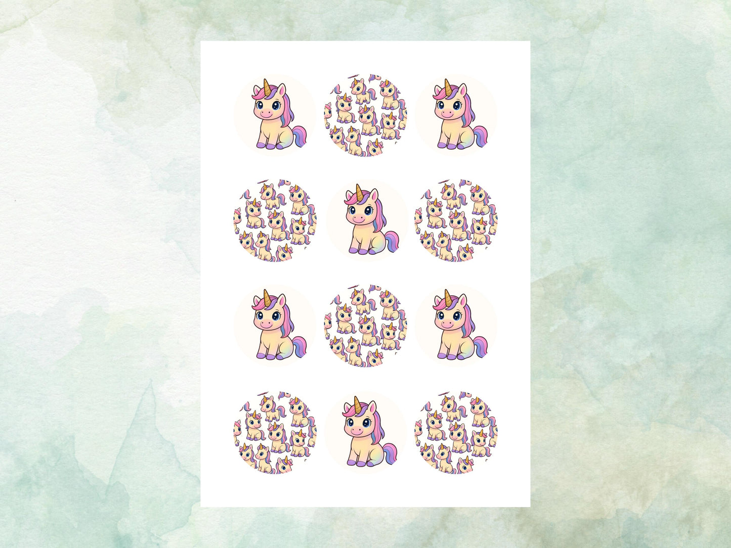 Cute Unicorn Edible Cupcake Toppers 12 x 2"– Pre cut Wafer Paper, Card or Icing Sheet, Magical Unicorn Birthday Cake Topper