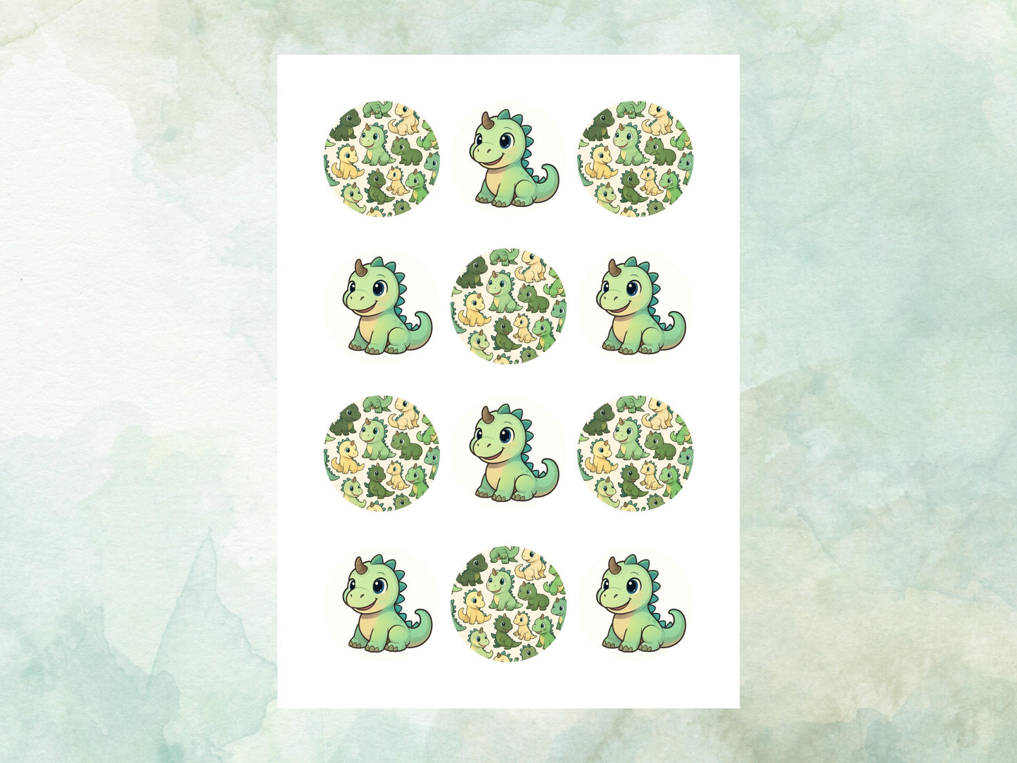 Cute Dinosaur Edible Cupcake Toppers 12 x 2"– Pre cut Wafer Paper, Card or Icing Sheet, Dino Birthday Cake Topper