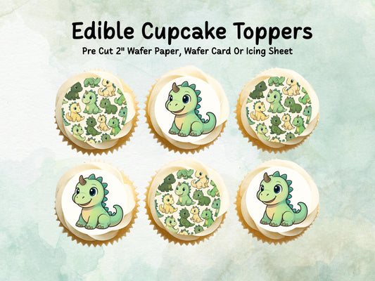 Cute Dinosaur Edible Cupcake Toppers 12 x 2"– Pre cut Wafer Paper, Card or Icing Sheet, Dino Birthday Cake Topper