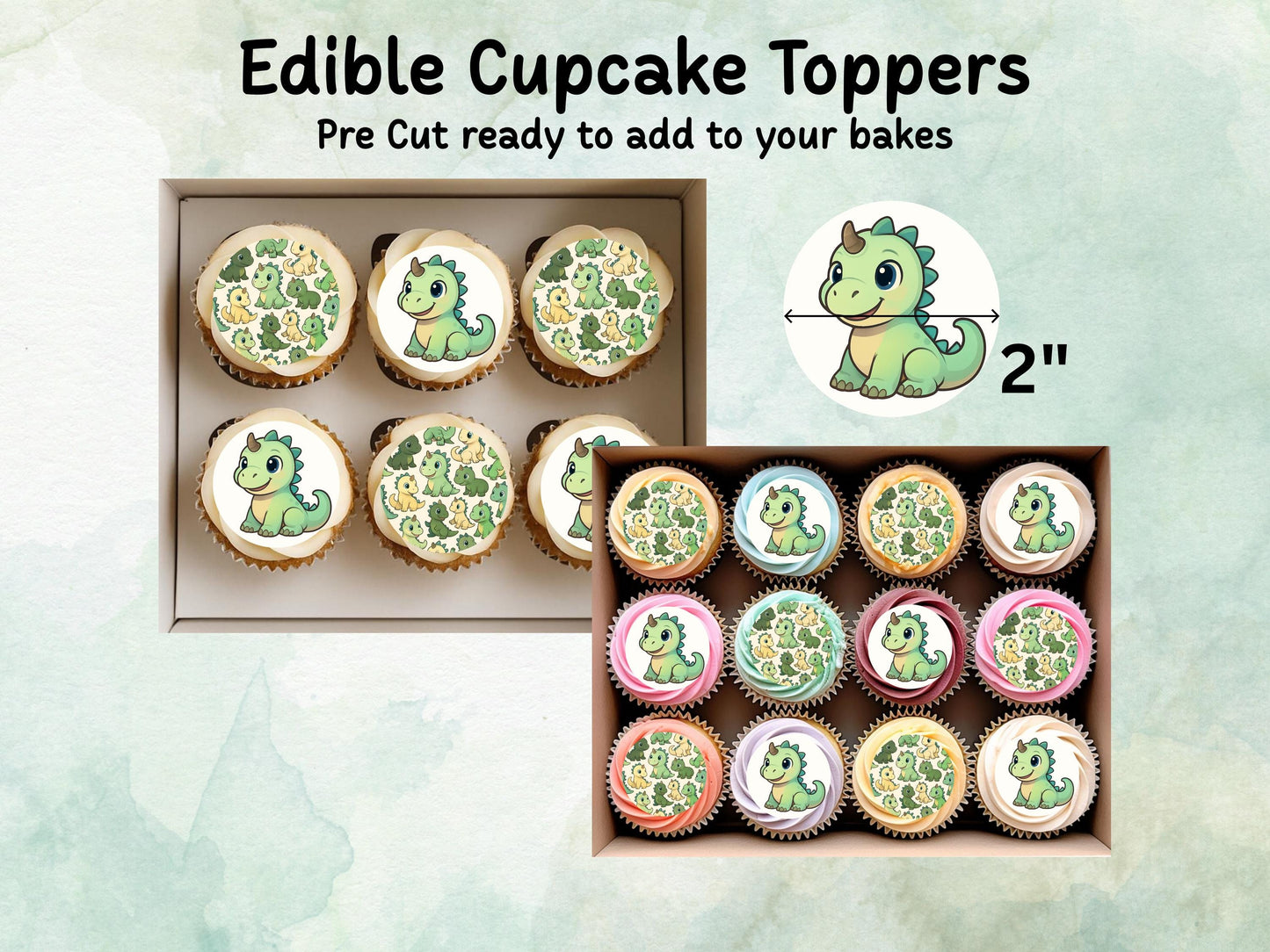 Cute Dinosaur Edible Cupcake Toppers 12 x 2"– Pre cut Wafer Paper, Card or Icing Sheet, Dino Birthday Cake Topper