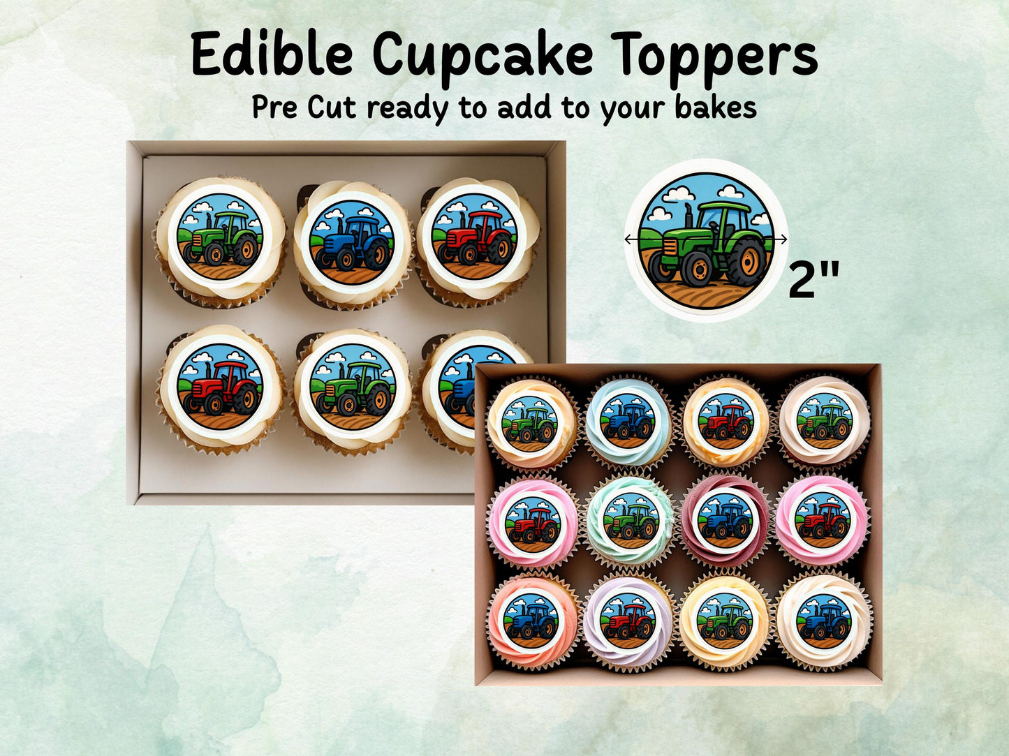 Tractor Edible Cupcake Toppers 12 x 2"– Pre cut Wafer Paper, Card or Icing Sheet, Tractor Birthday Cake Topper, Kids Birthday Cake