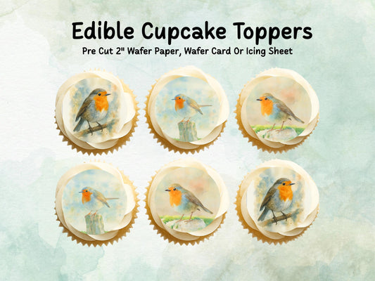 Robin Edible Cupcake Toppers 12 x 2"– Pre cut Wafer Paper, Card or Icing Sheet, Robin Birthday Cake Topper, Christmas Theme Cake Toppers