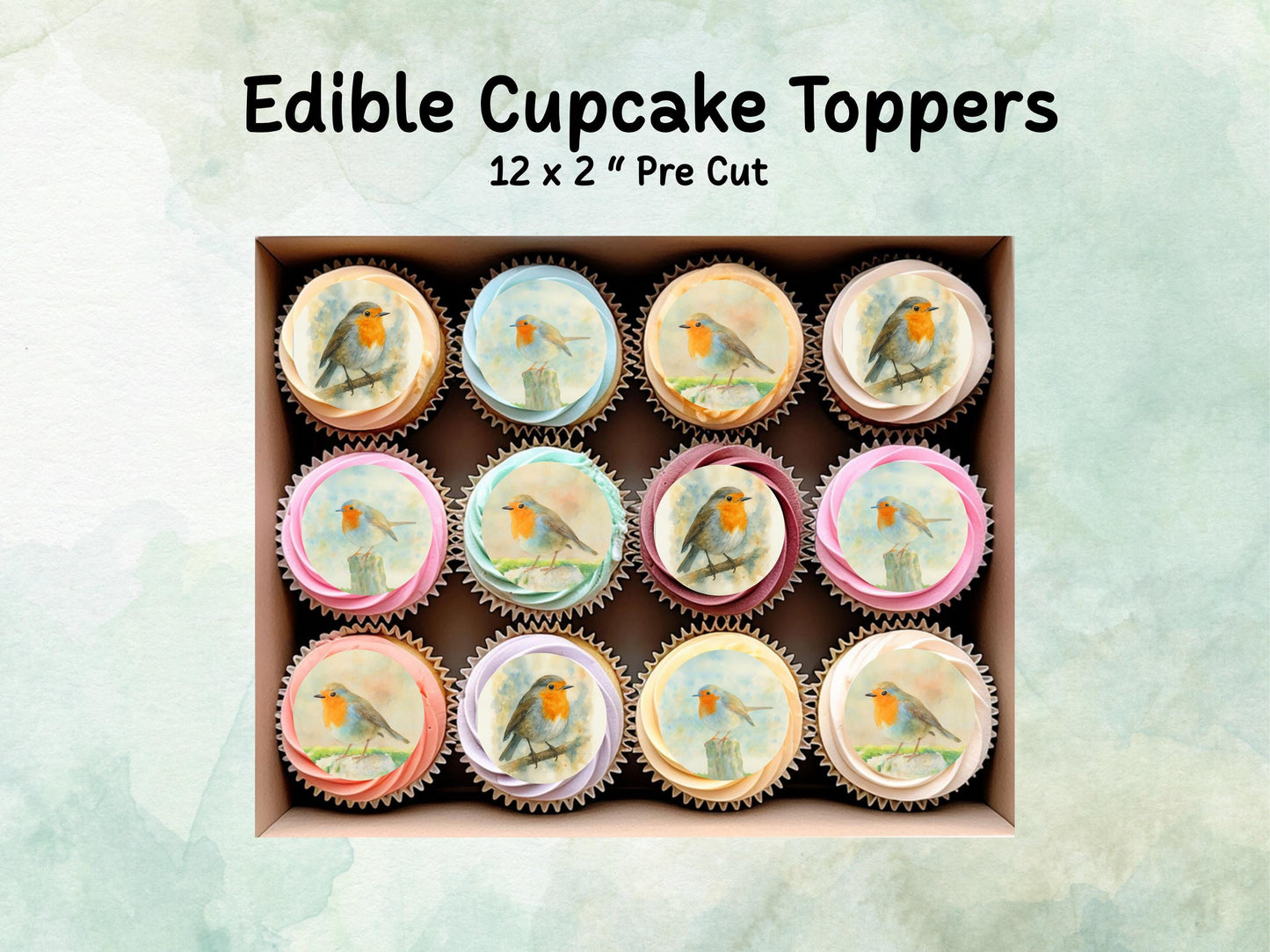 Robin Edible Cupcake Toppers 12 x 2"– Pre cut Wafer Paper, Card or Icing Sheet, Robin Birthday Cake Topper, Christmas Theme Cake Toppers