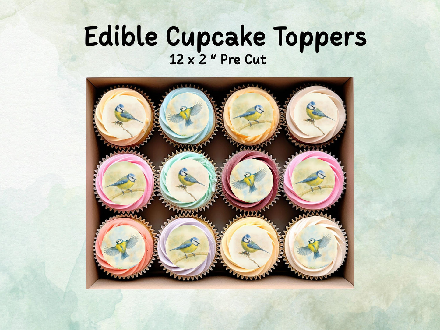Blue Tit Edible Cupcake Toppers 12 x 2"– Pre cut Wafer Paper, Card or Icing Sheet, Blue Tit Birthday Cake Topper, Bird Theme Cake Toppers