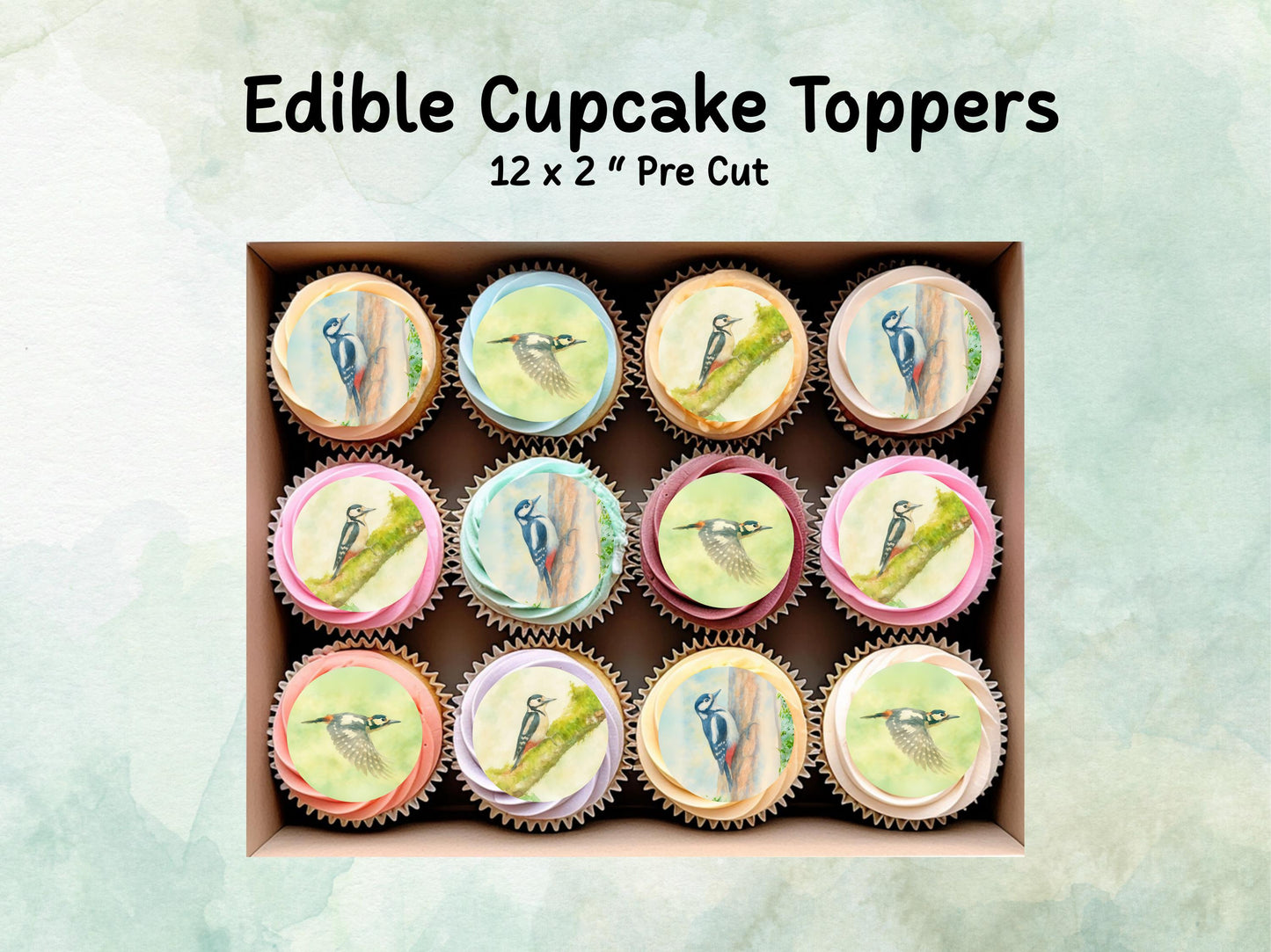 Woodpecker Edible Cupcake Toppers 12 x 2"– Pre cut Wafer Paper, Card or Icing Sheet, Woodpecker Birthday Cake Topper
