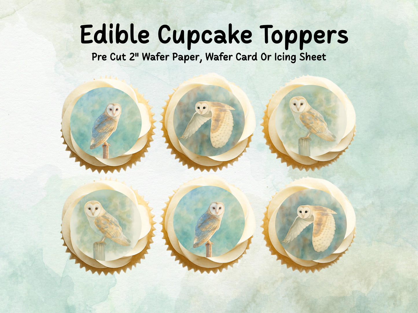 Barn Owl Edible Cupcake Toppers 12 x 2"– Pre cut Wafer Paper, Card or Icing Sheet, Barn Owl Birthday Cake Topper, Owl Birthday Cake