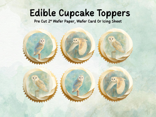 Barn Owl Edible Cupcake Toppers 12 x 2"– Pre cut Wafer Paper, Card or Icing Sheet, Barn Owl Birthday Cake Topper, Owl Birthday Cake