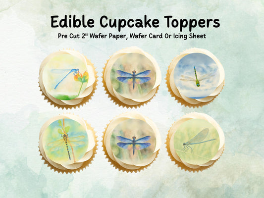 Dragonfly Edible Cupcake Toppers 12 x 2"– Pre cut Wafer Paper, Card or Icing Sheet, Dragonfly Birthday Cake Topper