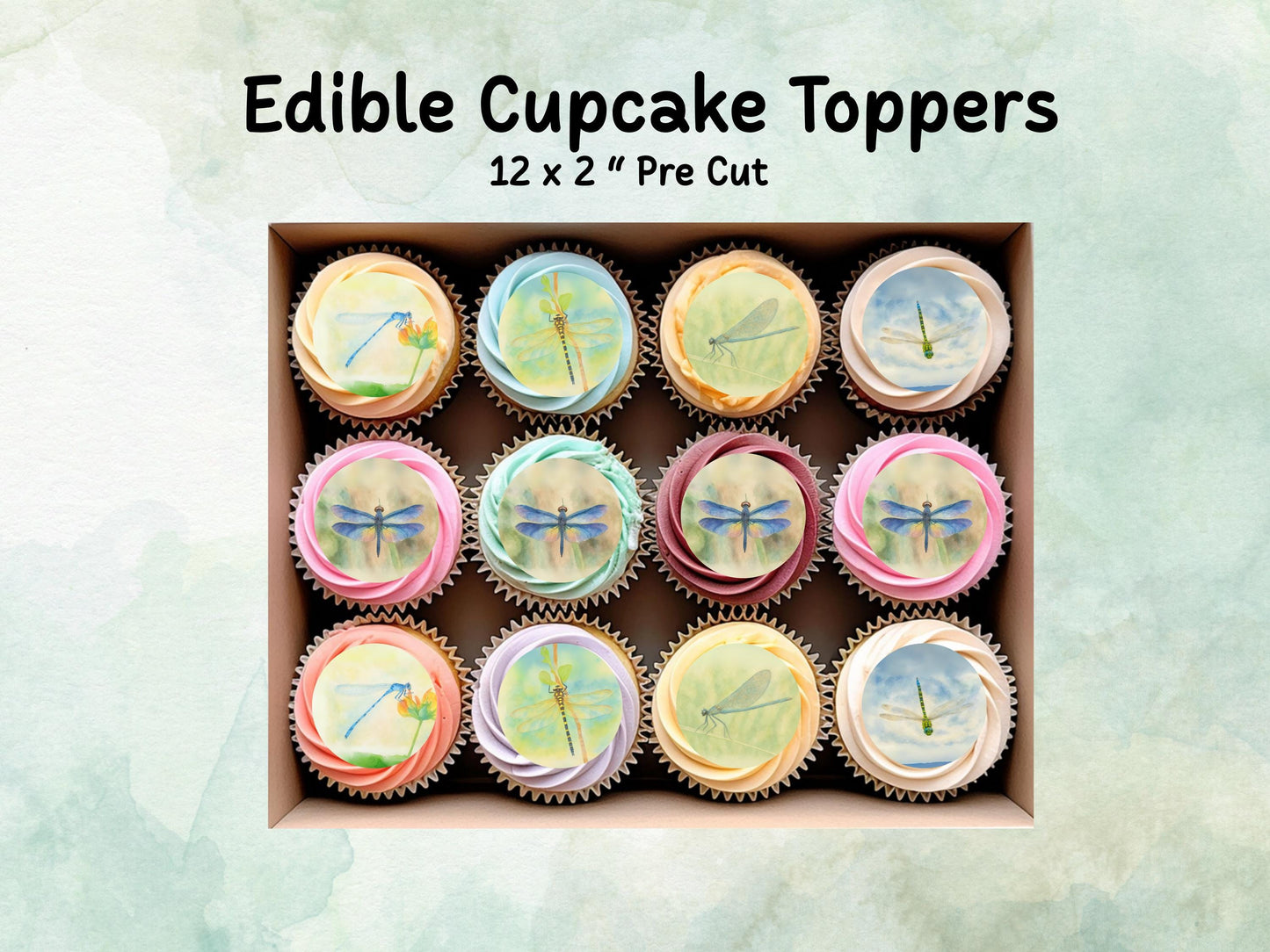 Dragonfly Edible Cupcake Toppers 12 x 2"– Pre cut Wafer Paper, Card or Icing Sheet, Dragonfly Birthday Cake Topper