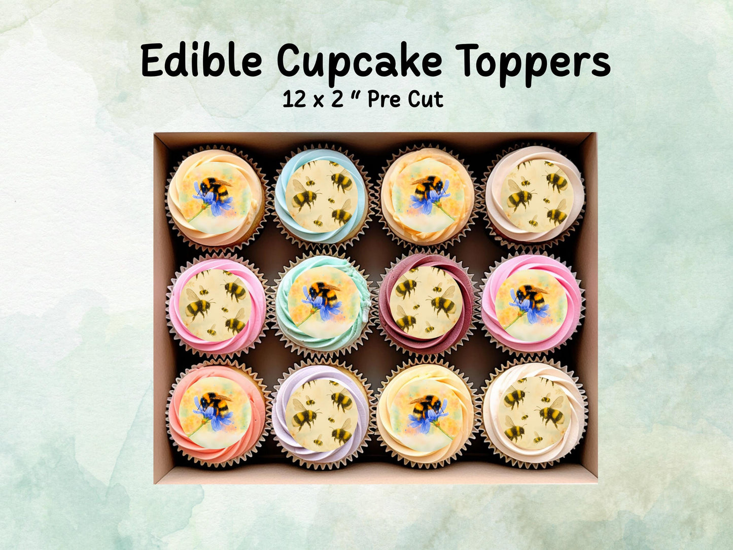 Bumble Bee Edible Cupcake Toppers 12 x 2"– Pre cut Wafer Paper, Card or Icing Sheet, Bumble Bee Birthday Cake Topper