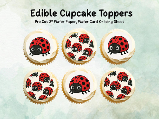 Cute Ladybird Edible Cupcake Toppers 12 x 2"– Pre cut Wafer Paper, Card or Icing Sheet, Ladybug Birthday Cake Topper