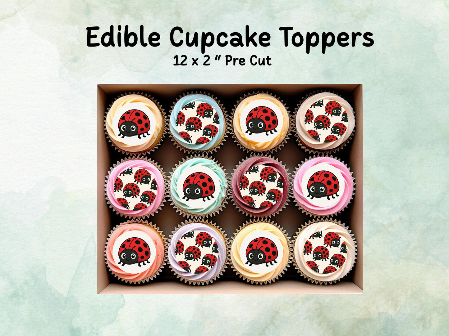 Cute Ladybird Edible Cupcake Toppers 12 x 2"– Pre cut Wafer Paper, Card or Icing Sheet, Ladybug Birthday Cake Topper
