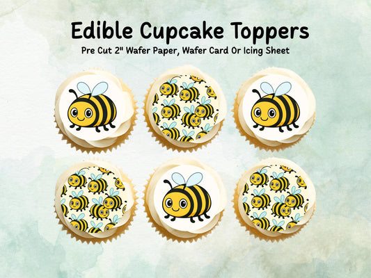 Cute Bumble Bee Edible Cupcake Toppers 12 x 2"– Pre cut Wafer Paper, Card or Icing Sheet, Bumble Bee Birthday Cake Topper