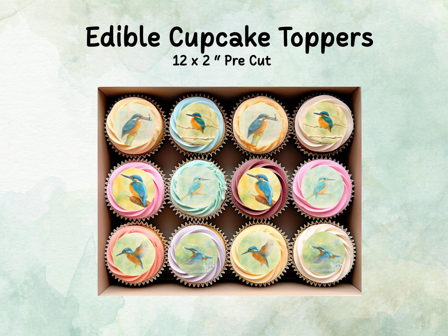 King Fisher Edible Cupcake Toppers 12 x 2"– Pre cut Wafer Paper, Card or Icing Sheet, King Fisher Bird Birthday Cake Topper
