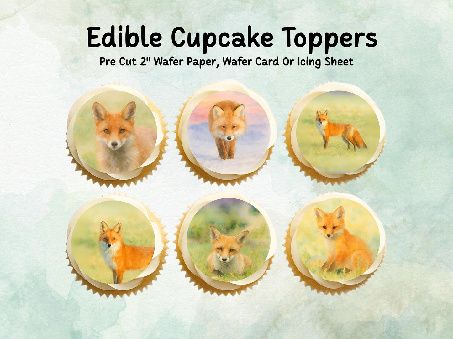 Fox Edible Cupcake Toppers 12 x 2"– Pre cut Wafer Paper, Card or Icing Sheet, Fox Birthday Cake Topper, Wild life Cake Decoration