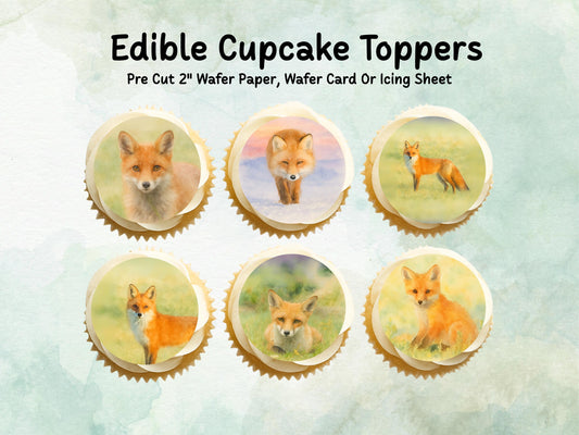 Fox Edible Cupcake Toppers 12 x 2"– Pre cut Wafer Paper, Card or Icing Sheet, Fox Birthday Cake Topper, Wild life Cake Decoration