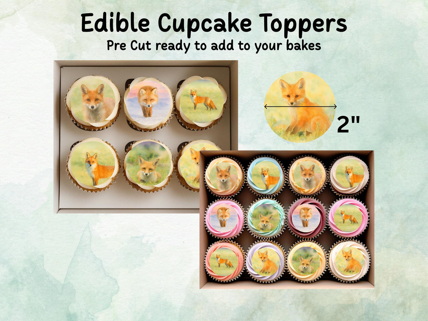 Fox Edible Cupcake Toppers 12 x 2"– Pre cut Wafer Paper, Card or Icing Sheet, Fox Birthday Cake Topper, Wild life Cake Decoration