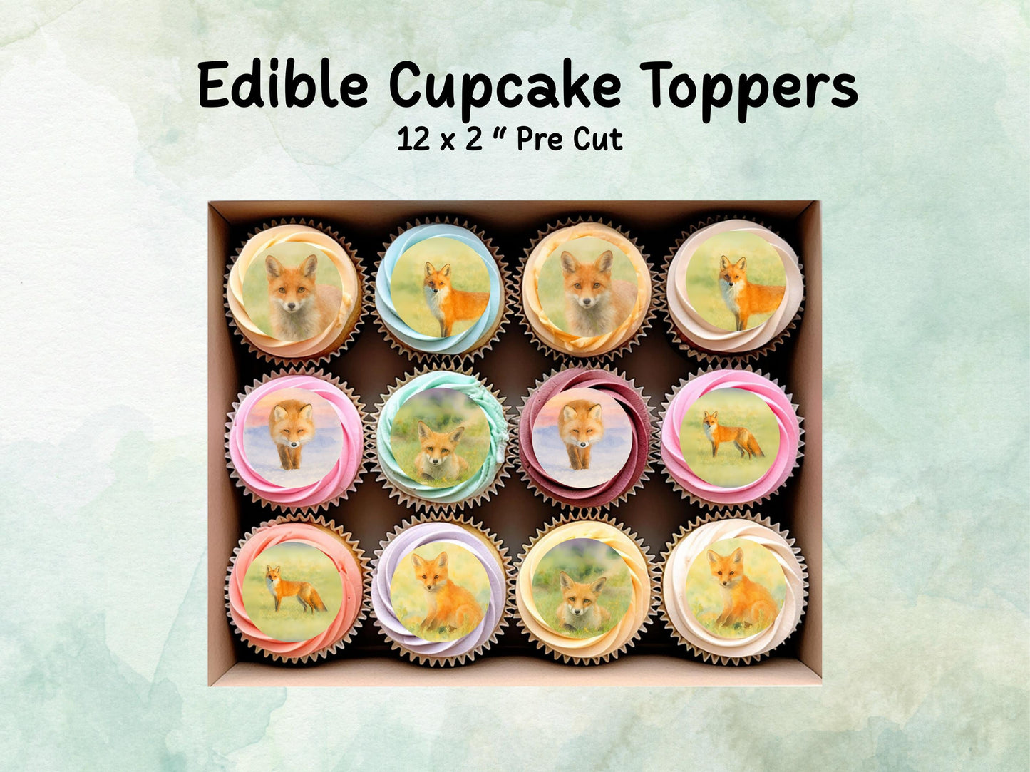 Fox Edible Cupcake Toppers 12 x 2"– Pre cut Wafer Paper, Card or Icing Sheet, Fox Birthday Cake Topper, Wild life Cake Decoration