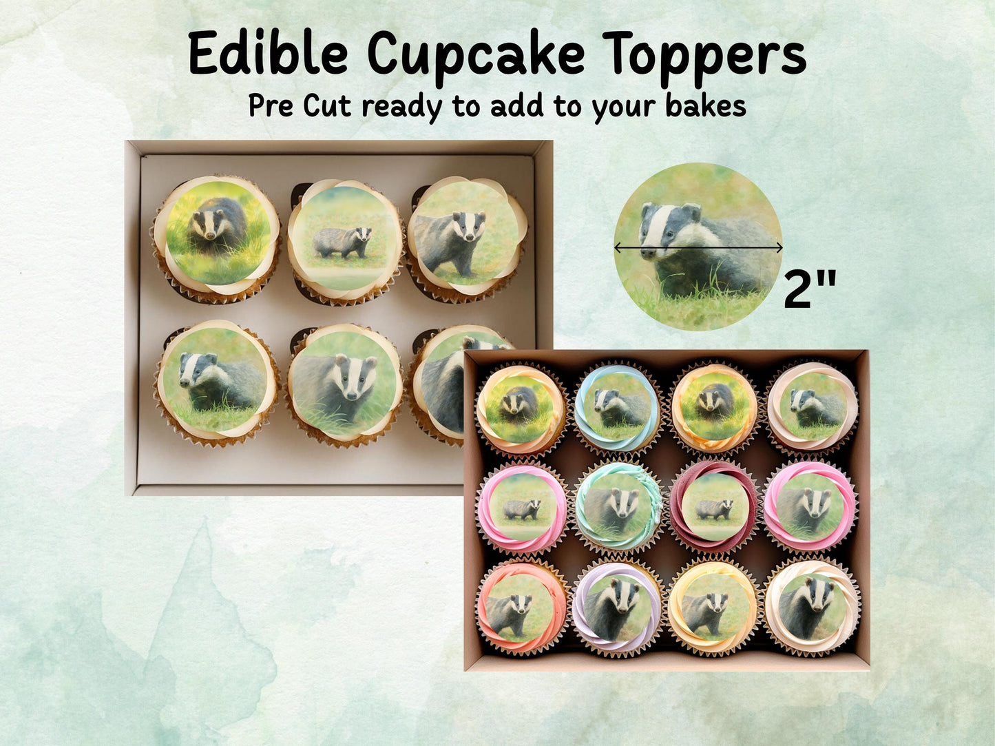 Badger Edible Cupcake Toppers 12 x 2"– Pre cut Wafer Paper, Card or Icing Sheet, Badger Birthday Cake Topper, Wildlife Cake Decoration