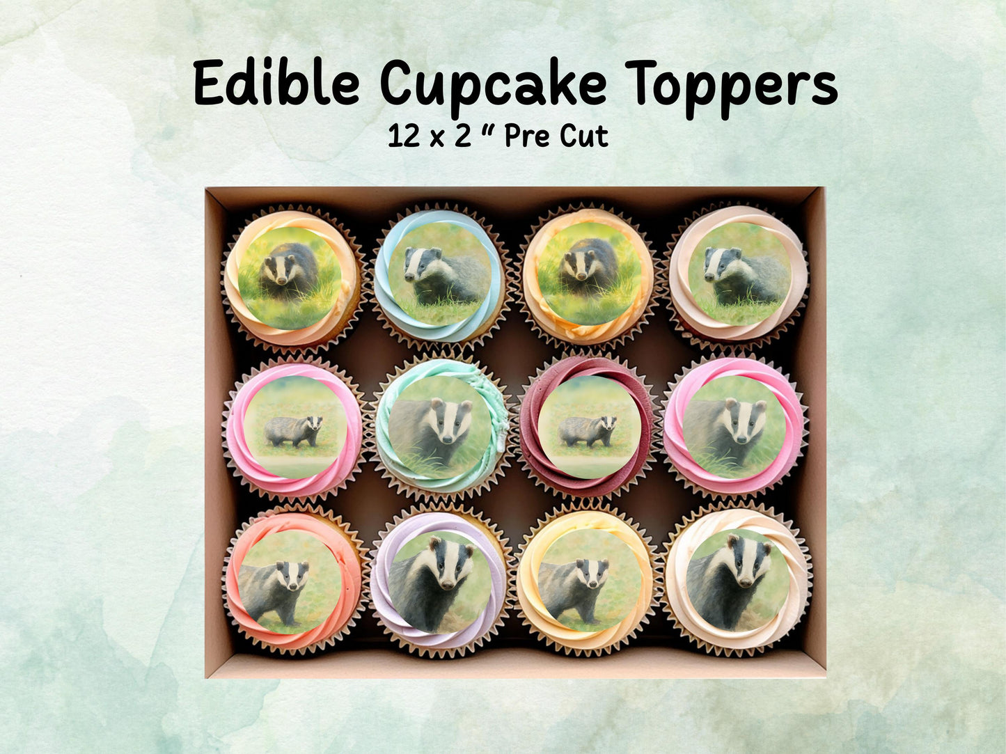 Badger Edible Cupcake Toppers 12 x 2"– Pre cut Wafer Paper, Card or Icing Sheet, Badger Birthday Cake Topper, Wildlife Cake Decoration