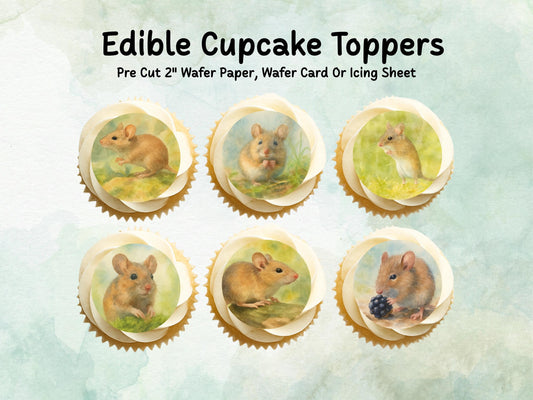 Mouse Edible Cupcake Toppers 12 x 2"– Pre cut Wafer Paper, Card or Icing Sheet, Mouse Birthday Cake Topper, Wildlife Cake Decoration