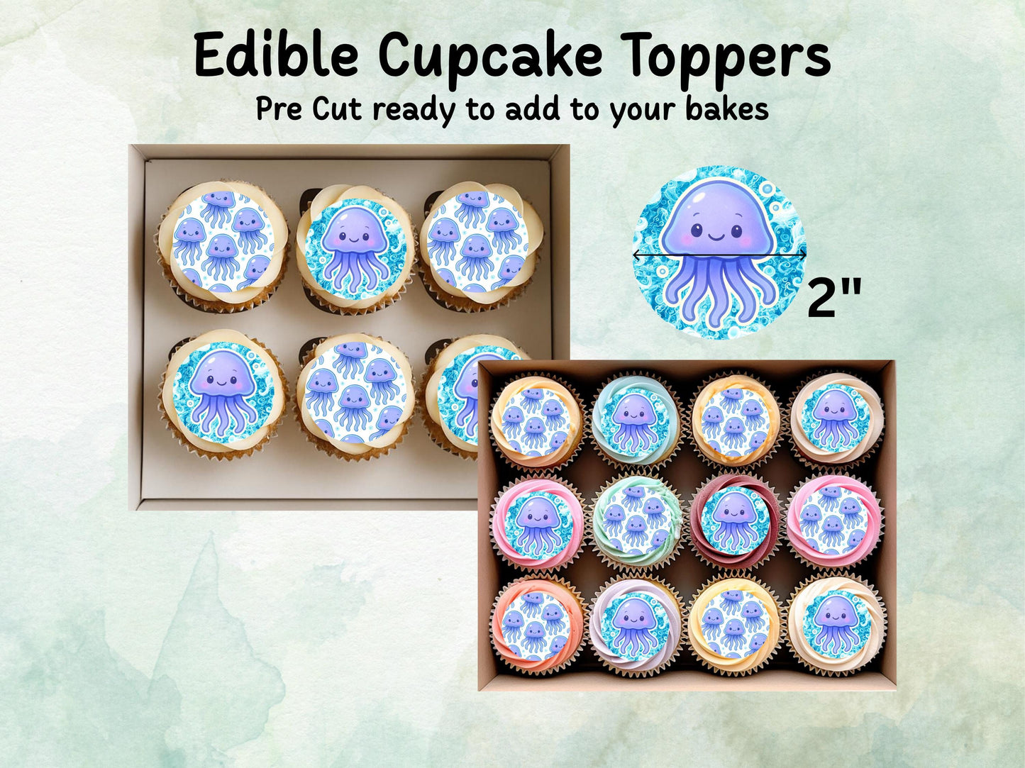 Cute Jellyfish Edible Cupcake Toppers 12 x 2"– Pre cut Wafer Paper, Card or Icing Sheet, Under the Sea Jellyfish Birthday Cake Topper