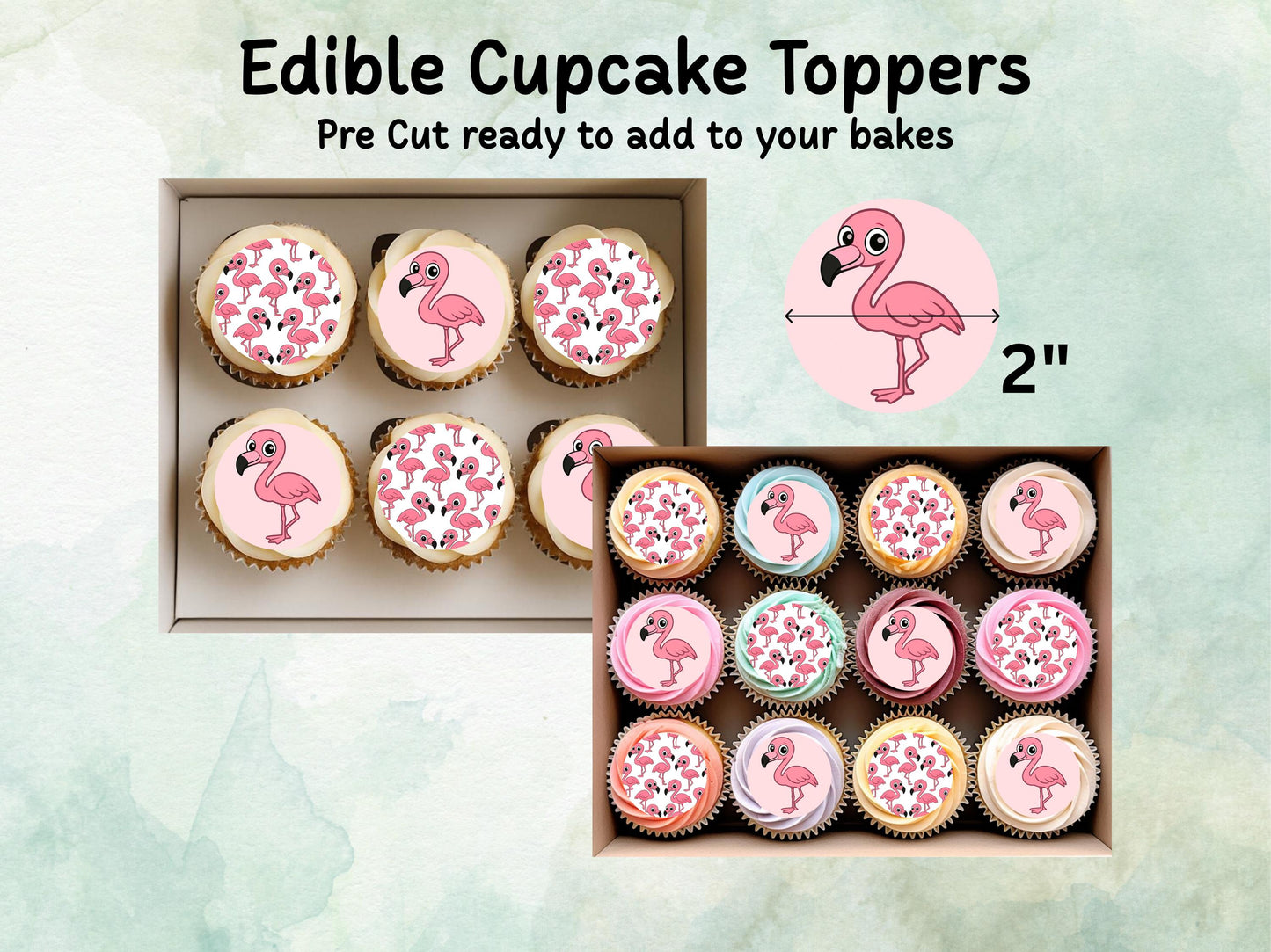 Cute Flamingo Edible Cupcake Toppers 12 x 2"– Pre cut Wafer Paper, Card or Icing Sheet, Flamingo Birthday Cake Topper