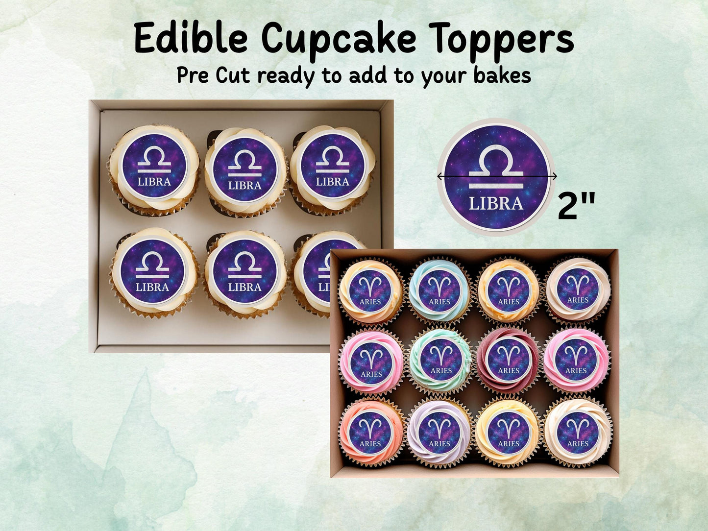 Star Sign Edible Cupcake Toppers 12 x 2"– Pre cut Wafer Paper, Card or Icing Sheet, Signs of the Zodiac Birthday Cake Topper