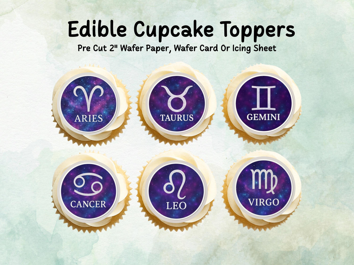 Star Sign Edible Cupcake Toppers 12 x 2"– Pre cut Wafer Paper, Card or Icing Sheet, Signs of the Zodiac Birthday Cake Topper