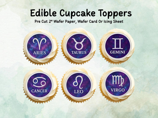 Star Sign Edible Cupcake Toppers 12 x 2"– Pre cut Wafer Paper, Card or Icing Sheet, Signs of the Zodiac Birthday Cake Topper