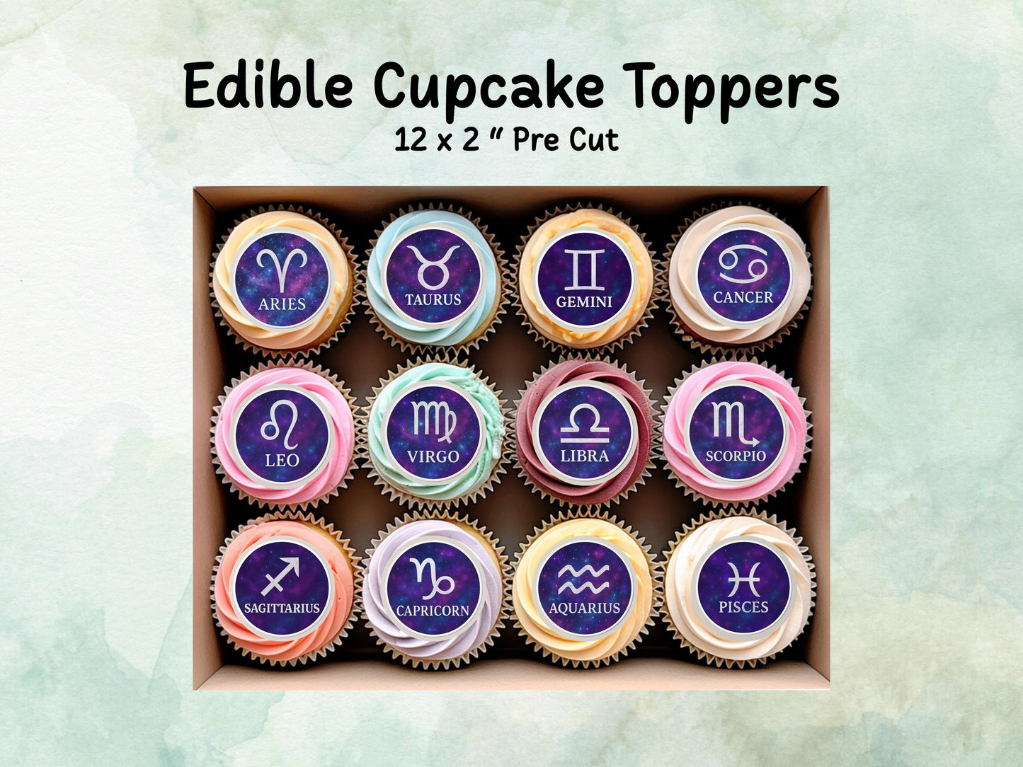 Star Sign Edible Cupcake Toppers 12 x 2"– Pre cut Wafer Paper, Card or Icing Sheet, Signs of the Zodiac Birthday Cake Topper