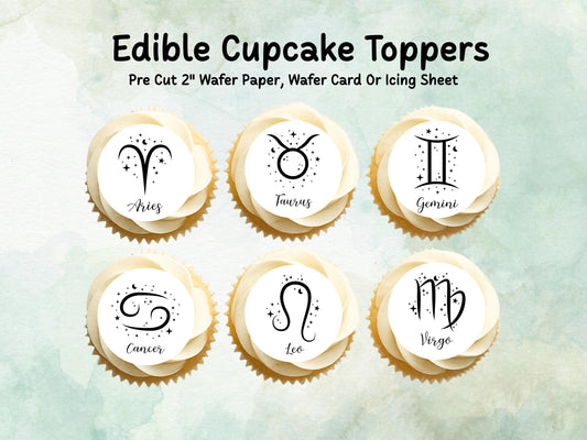 Star Sign Edible Cupcake Toppers 12 x 2"– Pre cut Wafer Paper, Card or Icing Sheet, Signs of the Zodiac Birthday Cake Topper