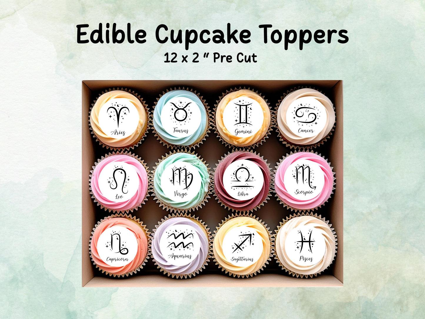Star Sign Edible Cupcake Toppers 12 x 2"– Pre cut Wafer Paper, Card or Icing Sheet, Signs of the Zodiac Birthday Cake Topper