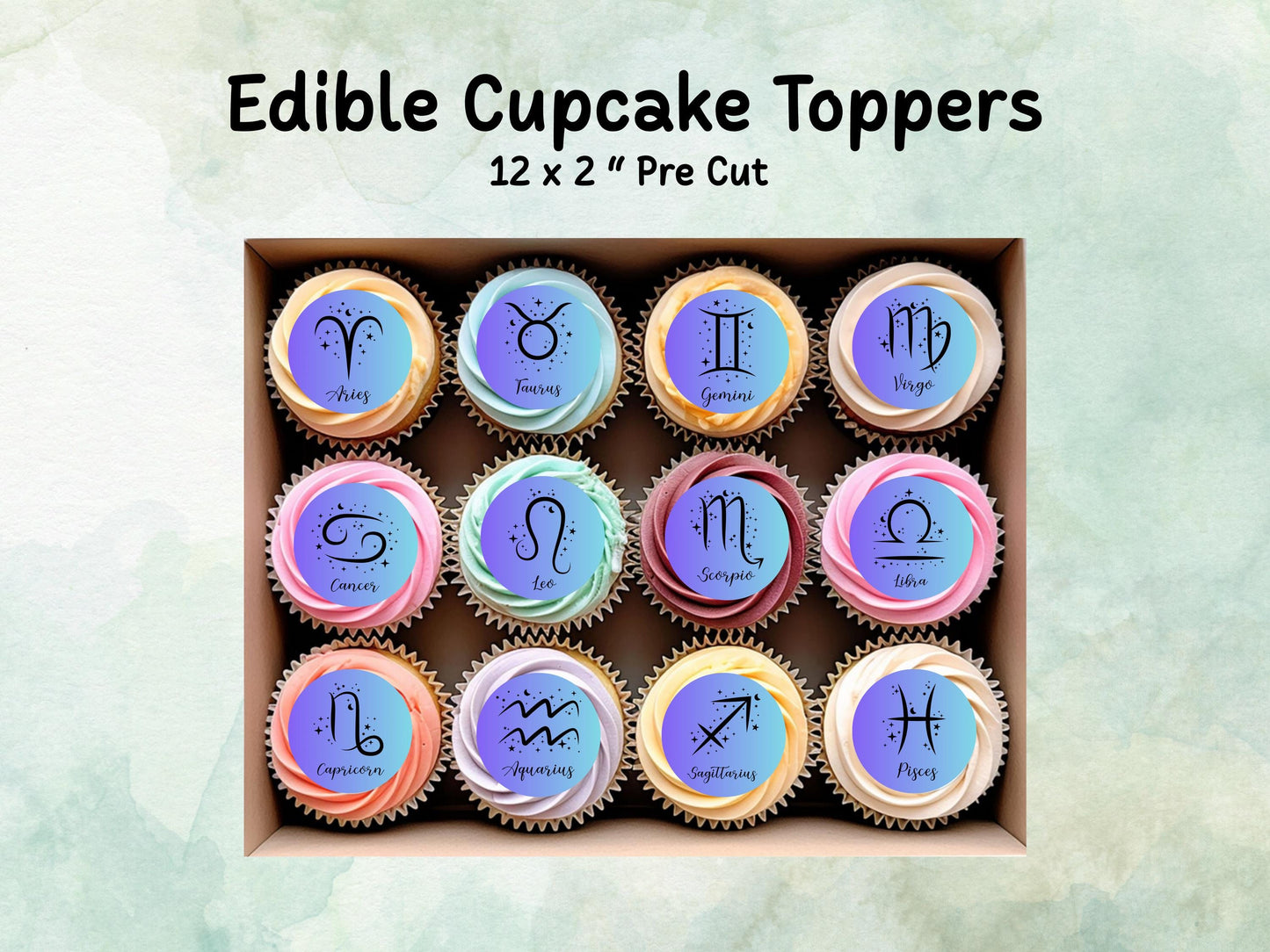 Star Sign Edible Cupcake Toppers 12 x 2"– Pre cut Wafer Paper, Card or Icing Sheet, Signs of the Zodiac Birthday Cake Topper