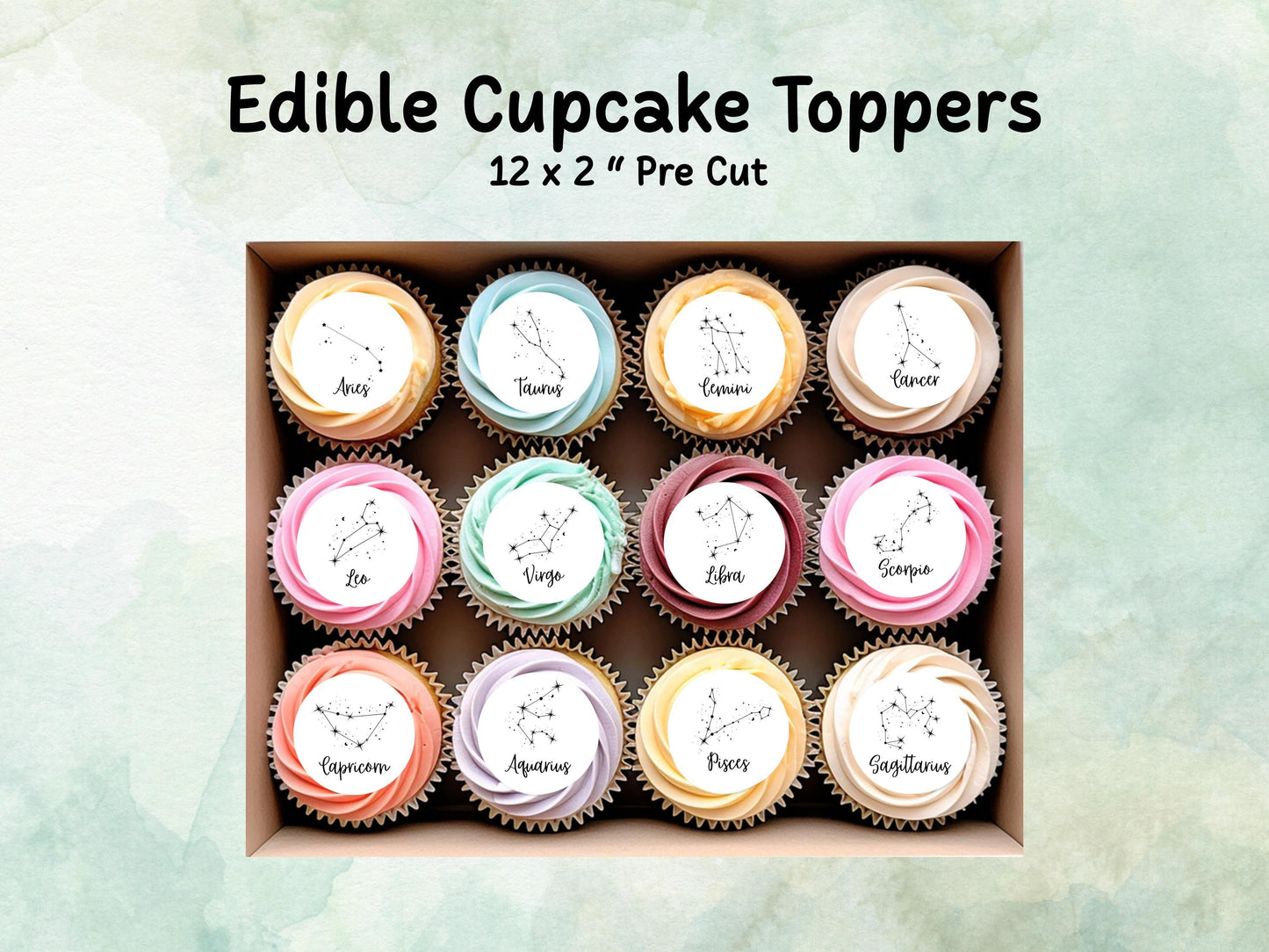 Star Sign Edible Cupcake Toppers 12 x 2"– Pre cut Wafer Paper, Card or Icing Sheet, Signs of the Zodiac Birthday Cake Topper