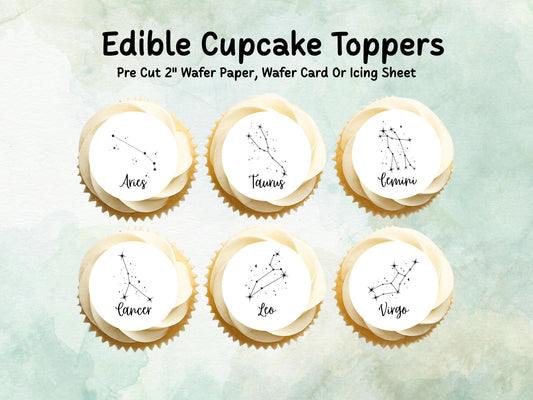 Star Sign Edible Cupcake Toppers 12 x 2"– Pre cut Wafer Paper, Card or Icing Sheet, Signs of the Zodiac Birthday Cake Topper