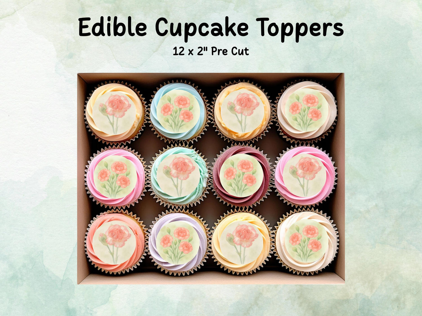 January Birth Flower Edible Cupcake Toppers – 12 x 2" Carnation Design - Pre cut Wafer Paper, Card or Icing Sheet, Floral Cake Topper