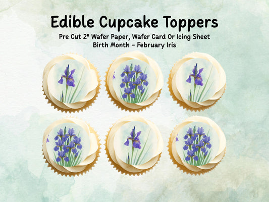February Birth Flower Edible Cupcake Toppers – 12 x 2" Iris Design, Pre cut Wafer Paper, Card or Icing Sheet, Birth Month Floral Cake Topper