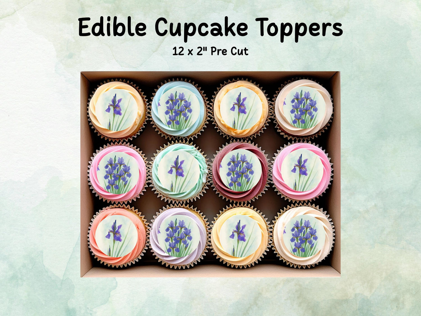 February Birth Flower Edible Cupcake Toppers – 12 x 2" Iris Design, Pre cut Wafer Paper, Card or Icing Sheet, Birth Month Floral Cake Topper