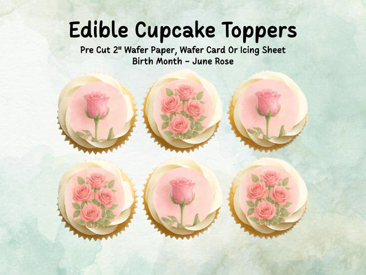 June Birth Flower Edible Cupcake Toppers – 12 x 2" Rose Design, Pre cut Wafer Paper, Card or Icing Sheet, Floral Cake Topper