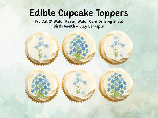 July Birth Flower Edible Cupcake Toppers – 12 x 2" Larkspur Design, Pre cut Wafer Paper, Card or Icing Sheet, Floral Cake Topper