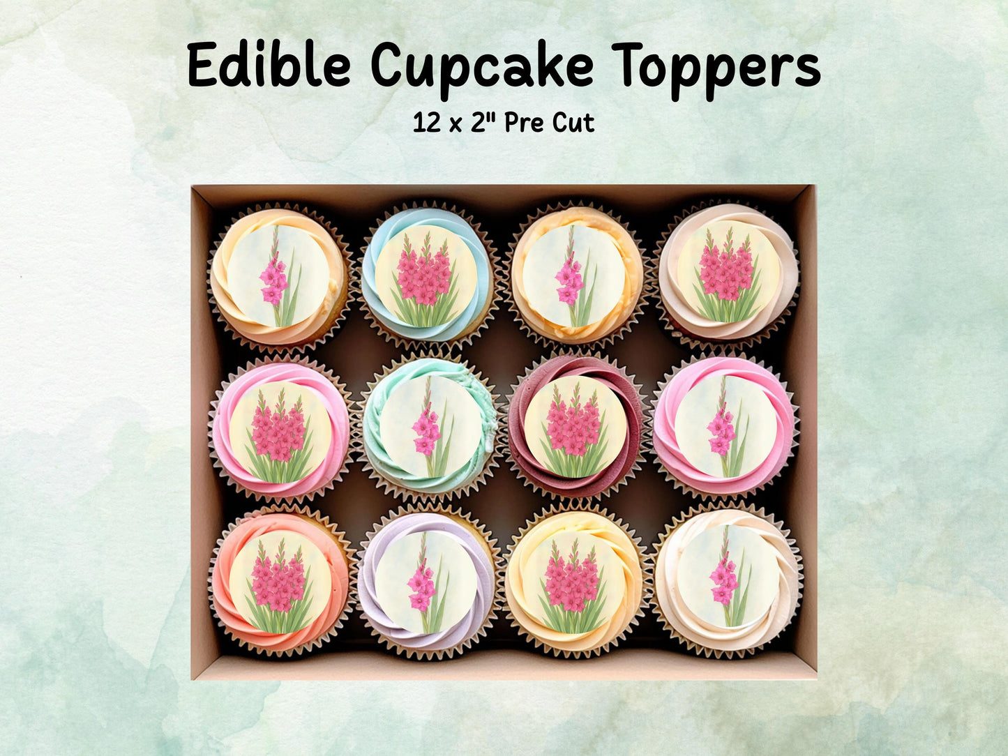 August Birth Flower Edible Cupcake Toppers – 12 x 2" Gladiolus Design, Pre cut Wafer Paper, Card or Icing Sheet, Floral Cake Topper